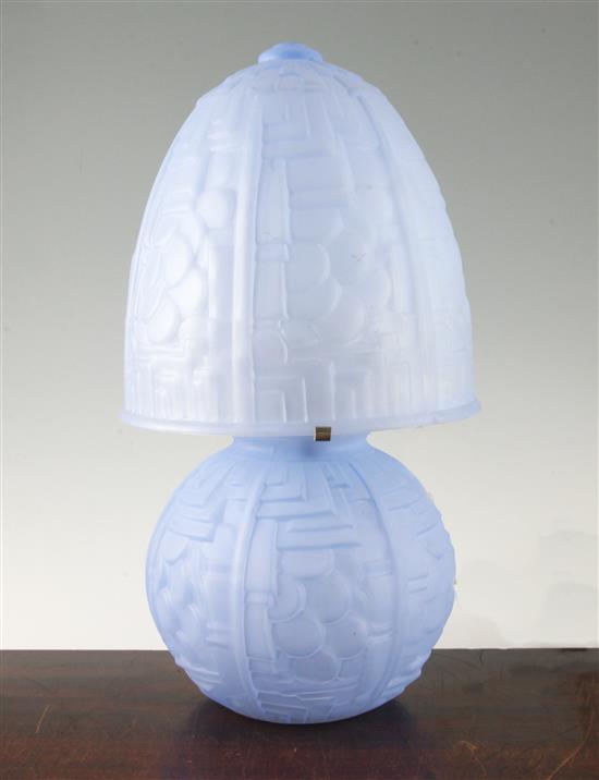 A French Art Deco frosted blue glass table lamp, 17in.